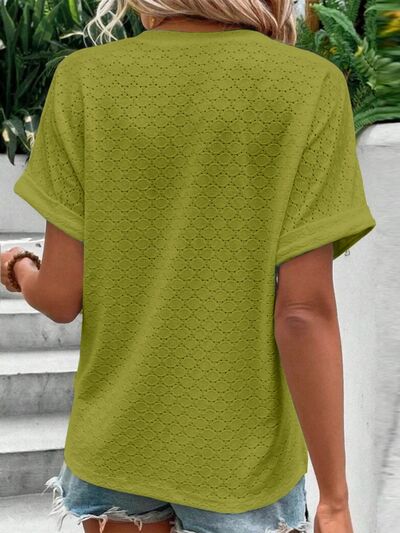 Eyelet Notched Short Sleeve Blouse